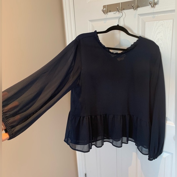 Ann Taylor LOFT Navy Long Sleeve Blouse with flattering sheer sleeves, XL - Picture 6 of 7